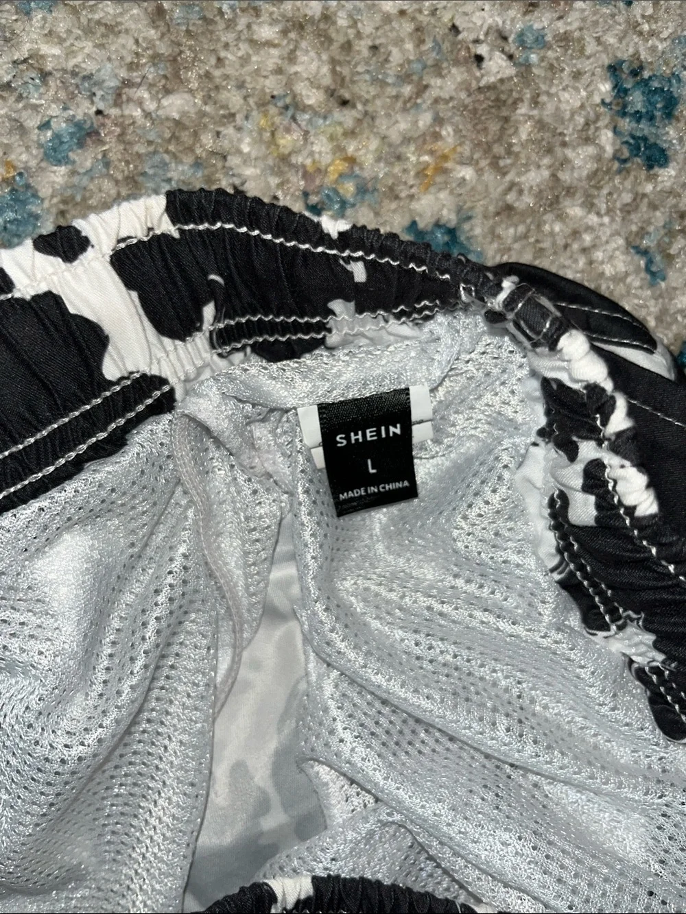 SHEIN Black & White Cow Print Athletic Swim Shorts